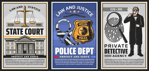 Recht Justitie Instellingen Retro Banners Staatsrechtbank Politie Privé Detectivebureau Posters — Stockvector