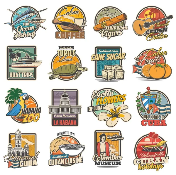 Cuba Los Viajes Havana Atracciones Turísticas Comida Iconos Retro Conjunto — Vector de stock