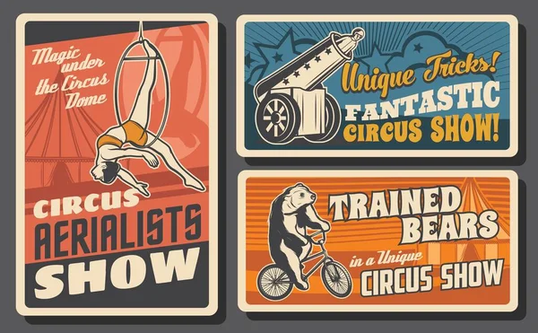 Chapiteau Grote Circusretro Posters Luchtring Acrobaat Menselijke Kanonskogel Performers Berijden — Stockvector