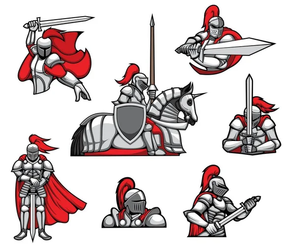 Medieval Knights Warrior Mascots Heraldry Characters Vector Knight Armor Red — Stock Vector