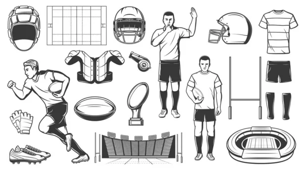 Rugby Sport Football Jeux Américains Icônes Des Joueurs Équipement Vecteur — Image vectorielle