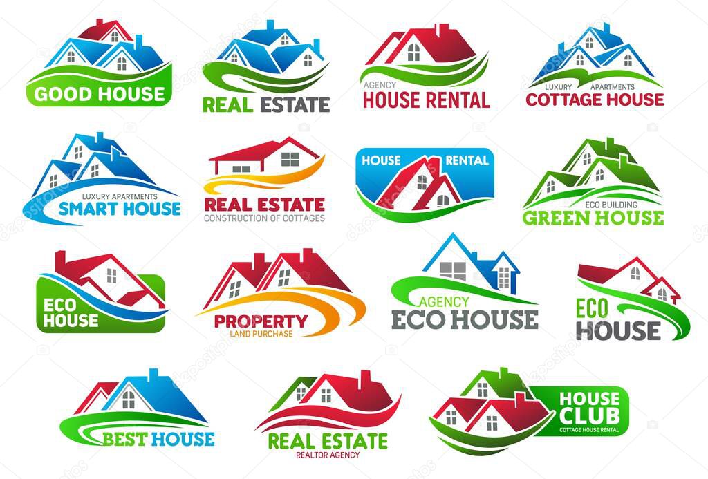 Realtors real estate icons with cottage houses. Rental apartments, land for house construction purchase and eco mansion sale offer. Real estate agency, broker company emblems with cottage roof vector