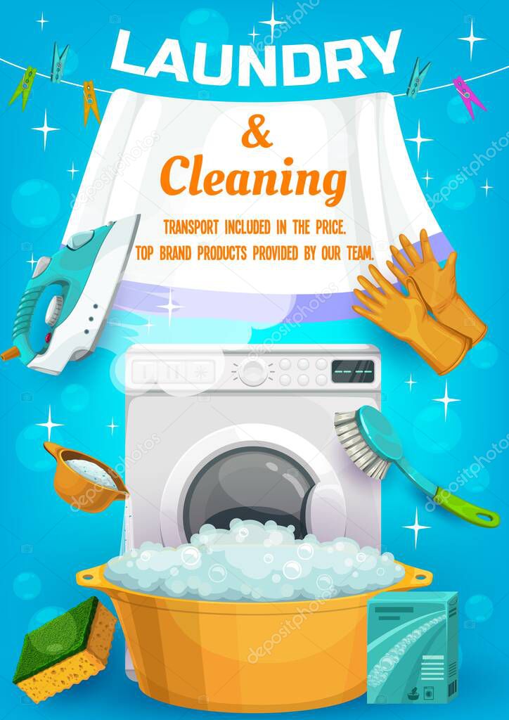 Laundry and cleaning service ad with vector housework tools washing machine, wash detergent and basin, rubber gloves and sponge with brush. Clean sheet hanging on rope with pins cartoon promo poster