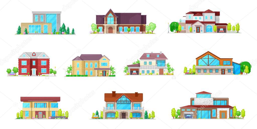 House cottages, bungalow and villa buildings icons set. Modern suburbia real estate, classic and contemporary architecture luxury mansions facade with flat and pitched roof, garage and porch vector