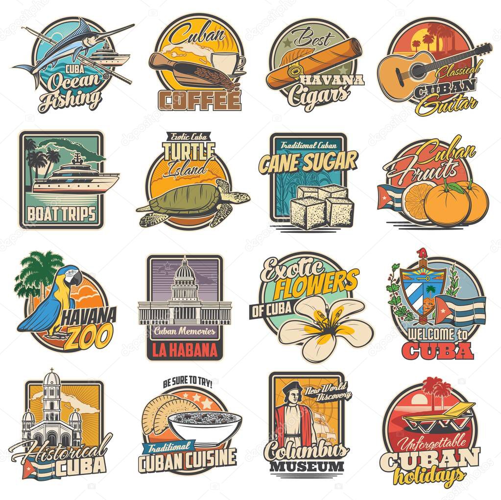 Cuba and havana travel, tourist attractions and food retro icons set. Ocean fishing, coffee and havana cigars, classical guitar, boat trips and turtle island tours, zoo, Columbus museum and food badge