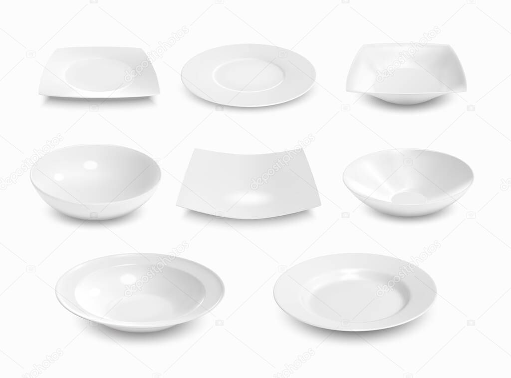 White plates, 3d vector ceramic dishes. Realistic empty soup and shallow bowls of round and square shapes for liquid and solid food. Tableware cutlery, dinner porcelain plates isolated mockup set