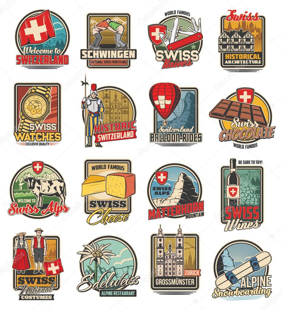 Switzerland travel, Swiss icons of chocolate, alps and cheese, culture and architecture, vector. Swiss costumes, cow and dairy food, Switzerland flag, ski mountain, watches and alpine snowboarding