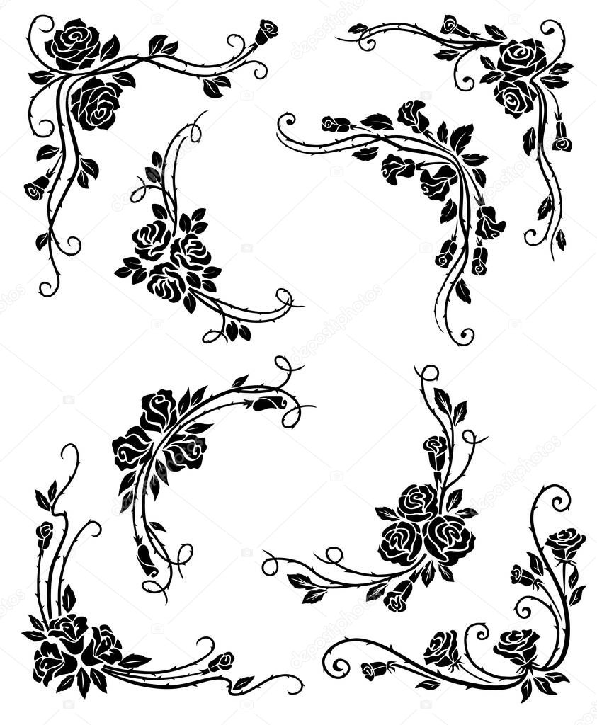Floral corners, frame and vignette borders vector design with black rose flowers, leaves and flourish vine swirls. Vintage calligraphic elements for page decoration, wedding invitation, greeting card