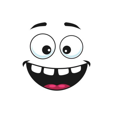 Çizgi film yüz vektör ikonu, mutlu emoji, gülümseyen dişlek ağızlı ve açık gözlü yüz ifadesi. Beyaz arkaplanda izole edilmiş olumlu duygular