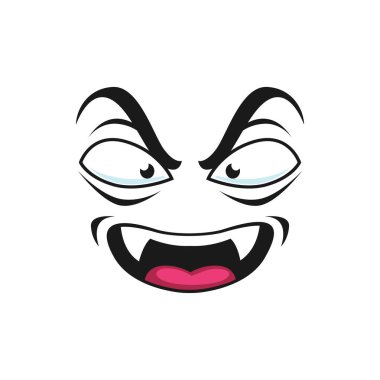 Gülen Cadılar Bayramı iblisi, neşeli, ürkütücü yaratık kafası izole edilmiş ikon. Sivri dişli ve ağzı açık kızgın bir vampir. Emoji sevimli komik ejderha, kötülük ve korku duyguları olan canavar.