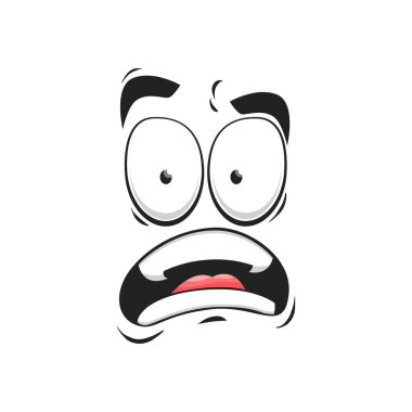 Çizgi film yüzü vektörü komik emojiyi korkuttu. Yüzü korkmuş, gözleri açık, bağıran ağzı açık, korku ve şok hisleri beyaz arka planda izole edilmiş.