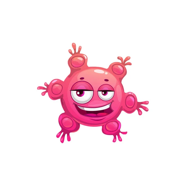 漫画ウイルス細胞ベクターアイコン かわいいピンクの細菌 面白い顔とにきびと幸せな笑い生殖文字 大きな目で病原体の微生物を微笑む 微生物分離シンボル — ストックベクタ
