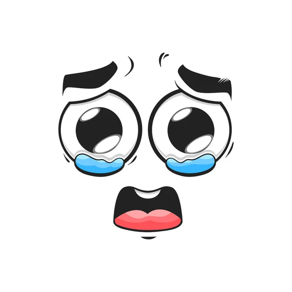 Caricatura Llorando Emoji Cara Con Lágrimas Los Ojos Húmedos Redondos — Vector de stock