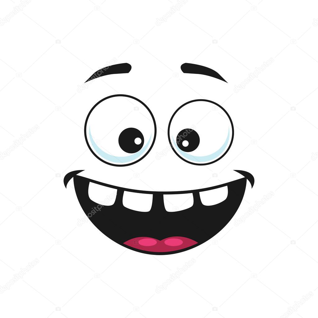 Cartoon face vector icon, happy emoji, laughing facial expression with smiling toothy mouth and wide open eyes. Positive feelings isolated on white background