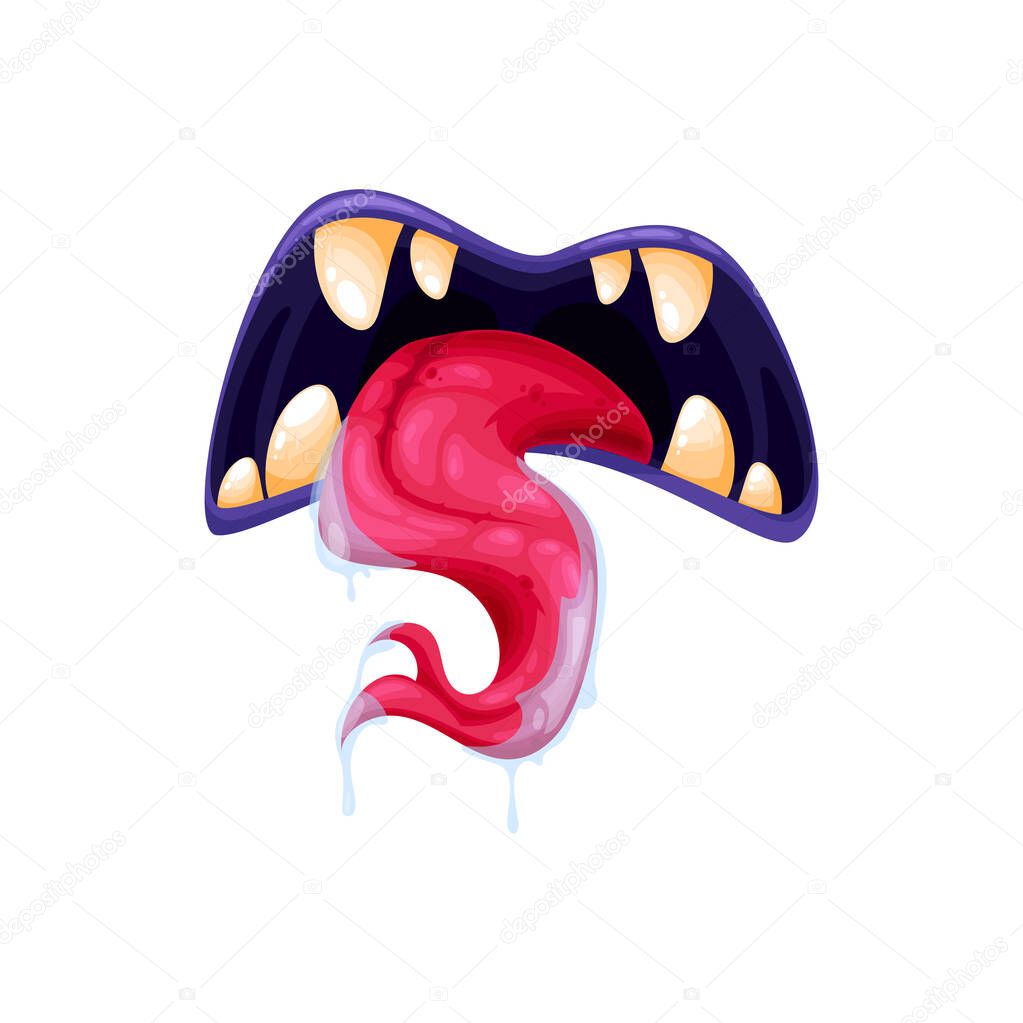 Monster mouth vector icon, creepy jaws with forked long tongue and yellow teeth, Halloween creature, alien or devil roar maw isolated on white background