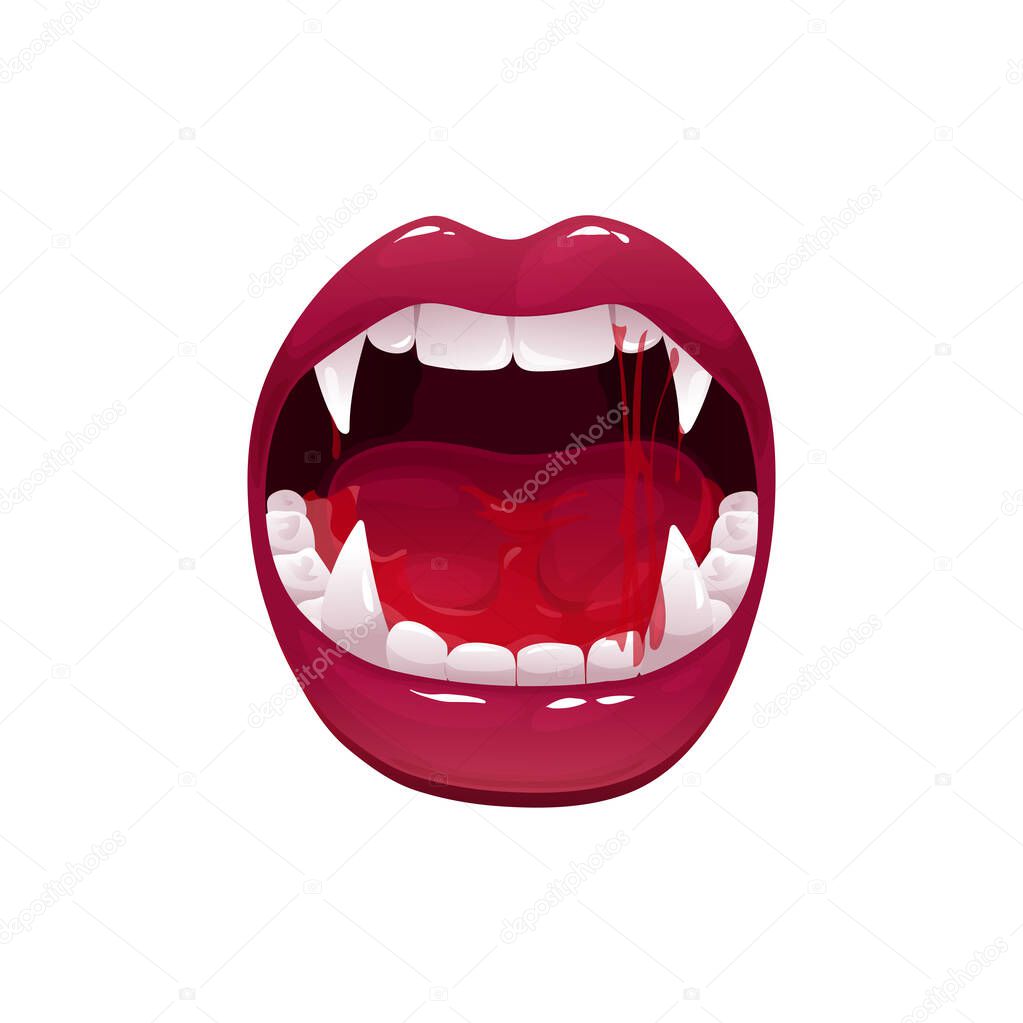 Vampire mouth with fangs vector icon. Cartoon open female red lips with long pointed teeth and bloody saliva dripping, monster jaws roar or yell express emotion isolated on white background