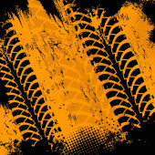 Offroad-Grunge-Reifenabdrücke, Vektor-Grungy-Orange-Muster auf schwarzem Hintergrund. Auto-Rallye oder Motocross schmutzige Reifen drucken, Offroad-Trails Textur für Rennturniere oder Werkstatt-Service-Design