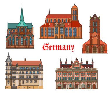 Almanya mimari, Alman şehirleri Rostock ve Gustrow binaları, vektör. Aziz Nikolai kirche, Marienkirche ve Wismar Rathaus, Bad Doberan 'daki kilisenin kilisesi ve Gotik şatonun şatosu.