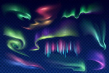 Kuzey kutbu aurora borealis, vektör kutup ışıkları, kuzey doğal fenomenleri. Gece gökyüzünde şeffaf arkaplanda izole edilmiş şaşırtıcı yanardöner dalgalı aydınlatma. Gerçekçi 3D parlayan Aurora seti