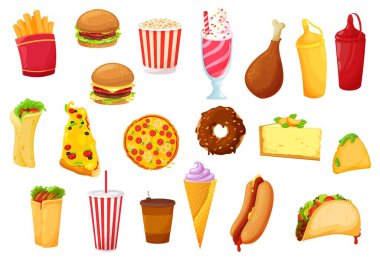 Hamburger, pizza, vektör yemekleri, içecekler ve atıştırmalıklar. Fast food kafe düz patates kızartması, soda ve tatlı, tavuk ızgara ve hamburger, fast food restoranı sandviçi ve sosisli sandviç.