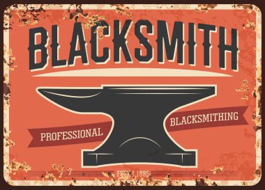 Demirci ocağı, zanaatkar atölye paslı metal plaka. Büyük bir örs vektörü oluşturun. Metal işleme aracı, klasik tipografi ve pas dokusu çerçeveli profesyonel demirci dükkanı retro afişi
