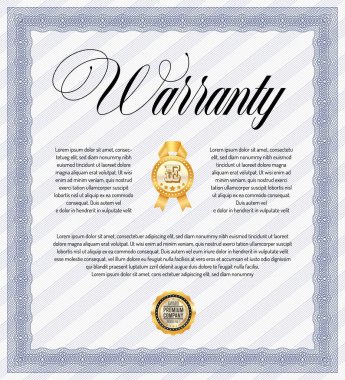 Garanti sertifikası vektör şablonu, mavi süslemeli diploma sınırı. Resmi en iyi marka çerçevesi, kazanan için kağıt belge altın mühür ve imza yeri ile takdir