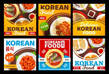 Kore mutfağı yemek menüsü, Asya lokantası çorba tabakları, pirinç ve ramen kaseli kimchi. Kore yemekleri sıcak erişte, soslu bibibimbap, geleneksel öğle yemeği ve akşam yemeği tavuk, sığır eti ve tofu.