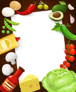 Mutfak tarifi notu, yemek sayfası, vektör boş şablon. Avokado, acı biber ve sarımsak, ketçap sosu, zeytin ve peynir, salatalık ve mantarlı mutfak kitabı kartı.