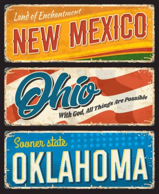 Amerikan eyaletleri, New Mexico, Ohio ve Oklahoma klasik vektör pankartları. Seyahat yeri işaretleri. Retro grunge kartları, kartpostallar, tipografili antika panolar, turistik tabelalar.