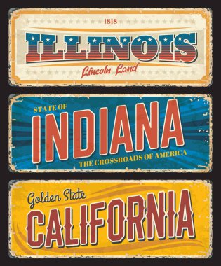 Amerikan eyaletleri Illinois, Indiana ve California vektör vintage pankartlar, seyahat yeri işaretleri. Usa retro grunge tahtaları, üzerinde tipografi bulunan eski panolar, turistik plaklar.