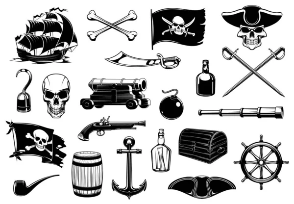 Pirate Icons Skull Chest Treasure Map Ship Vector Caribbean Island — Stock Vector