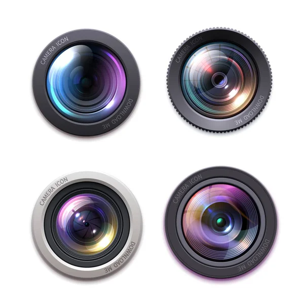フォトカメラレンズ 光学アイコン プロの写真機器 ガラス光沢のある反射を持つビデオカメラレンズ 光学バイオレットコーティングと絞りブレード リング3Dリアルなベクトルに焦点を当てる — ストックベクタ