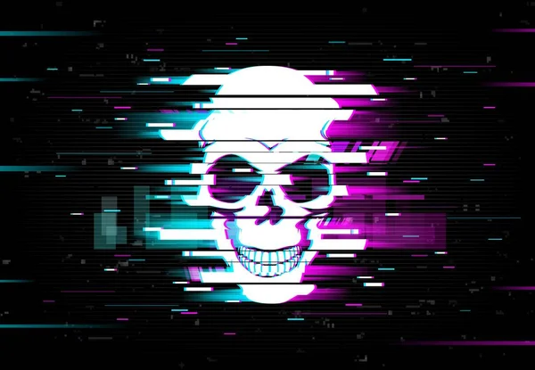 Glitch Cranio Vettore Distorto Neon Incandescente Pixelizzato Cranio Jolly Roger — Vettoriale Stock