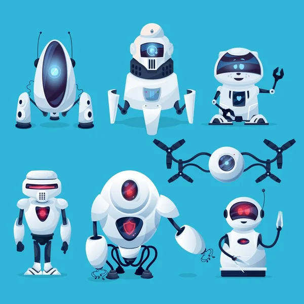 Robots Dessin Animé Personnages Vectoriels Cyborgs Jouets Animaux Domestiques Bots — Image vectorielle