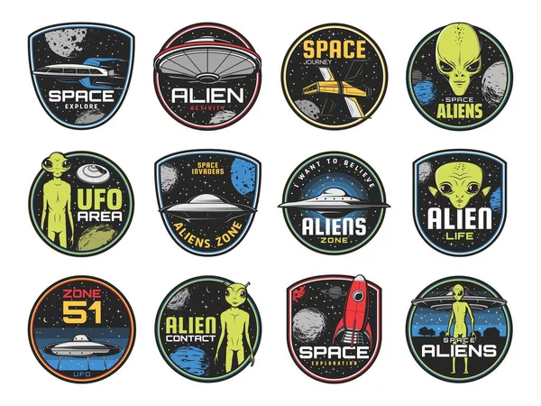Alien Zone Ufo Bereich Und Space Shuttles Vektor Retro Symbole — Stockvektor