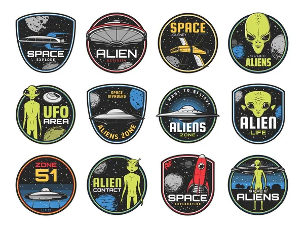 Buitenaardse Zone Ufo Gebied Ruimte Shuttles Vector Retro Iconen Buitenaardse — Stockvector