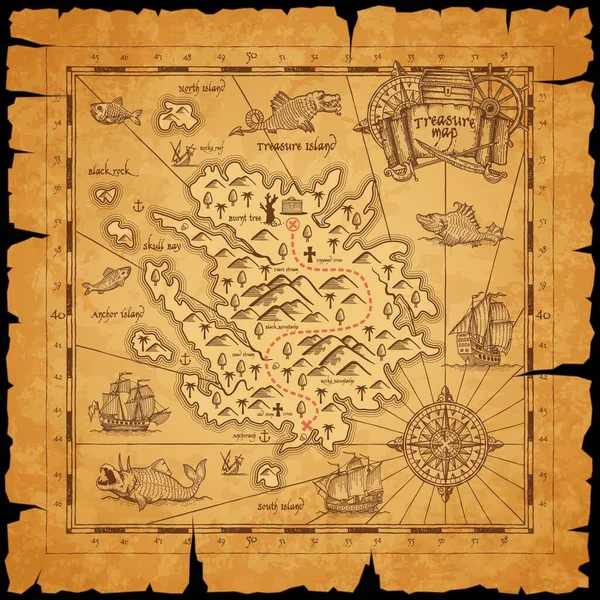 Mapa Antigo Ilha Tesouro Pirata Linha Pontilhada Rota Entre Montanhas — Vetor de Stock