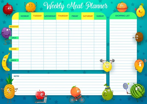Wöchentlicher Mahlzeitenplaner Vektorfahrplan Wochenspeisenplan Organisator Mit Zeichentricksportlern Und Obstcharakteren Kalendermenü — Stockvektor