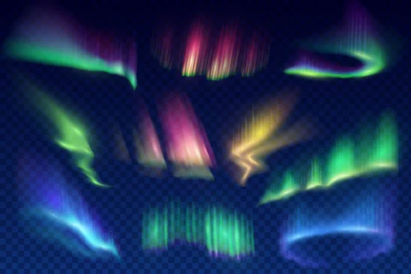 オーロラ ボレリアス極灯セット 空に異なる形状や色の北部の光 大気中のオーロラ自然現象3D現実的なベクトルで成長する 太陽風の輝き効果の設計要素 — ストックベクタ