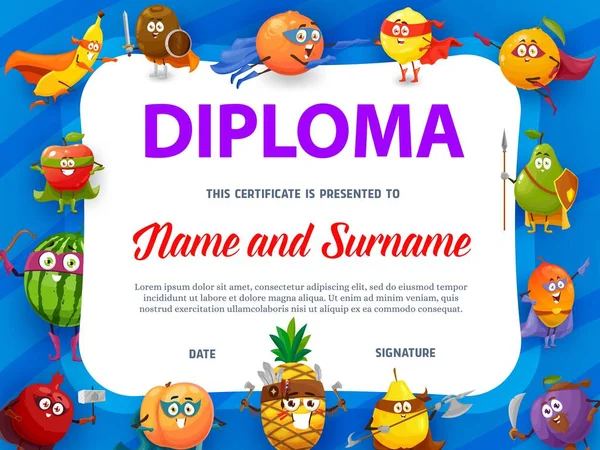 Diploma Escuela Educación Con Frutas Super Héroes Plantilla Vectores Certificado — Vector de stock