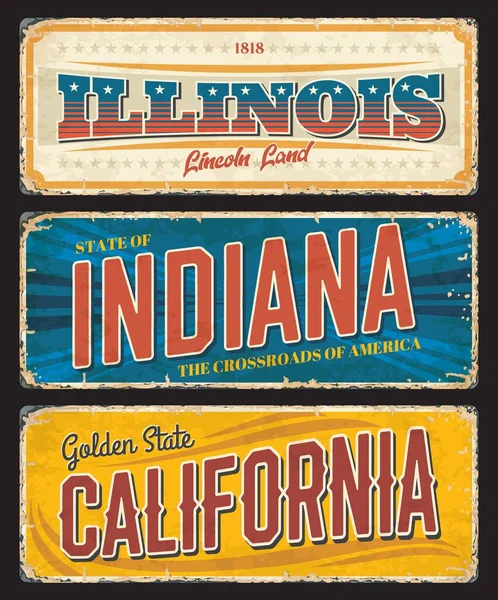 Amerikan Eyaletleri Illinois Indiana California Vektör Vintage Pankartlar Seyahat Yeri — Stok Vektör