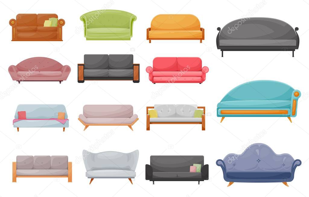 Modern sofa, classic or retro couch cartoon vector set. Comfortable two-seater lawson sofa, loveseat, chaise and futon couch with leather or fabric upholstery and soft pillows. House, office furniture