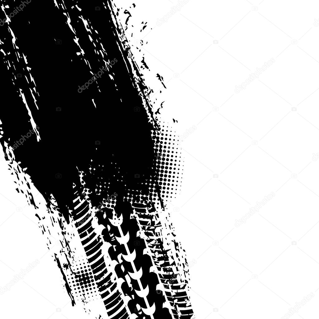 Track of tyre, tire print trace, car wheel treads, vector dirt prints halftone background. Car races, bike motorcycle or tractor truck tracks with grunge pattern, bicycle dirty marks on road mud