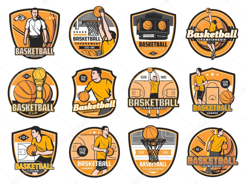 Basketball tournament, championship and club emblems, varsity league vector badges. Basketball game cup or streetball college and university team signs of ball with players and balls in basket