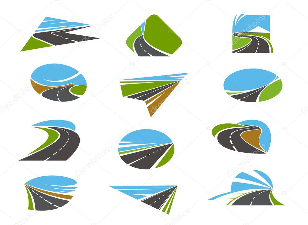 Road icons, highway and pathway routes with traffic ways, vector. Road construction, repair and maintenance industry, bridge and tunnels building, transport and logistics or travel company symbols