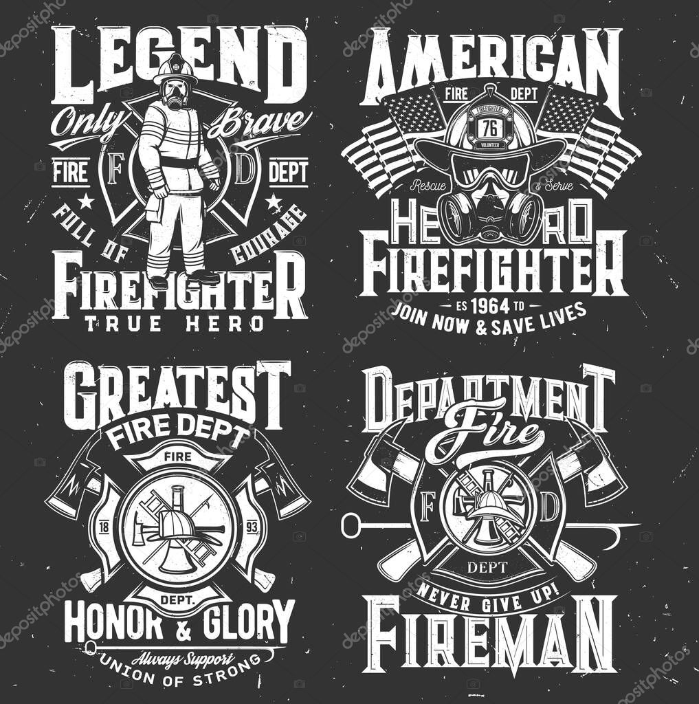 Firefighter t-shirt print, firefighting department emblem, vector fireman and hydrant icons. American flag and firefighter hero with helmet, crossed fire ax and Maltese cross for t shirt print mockup