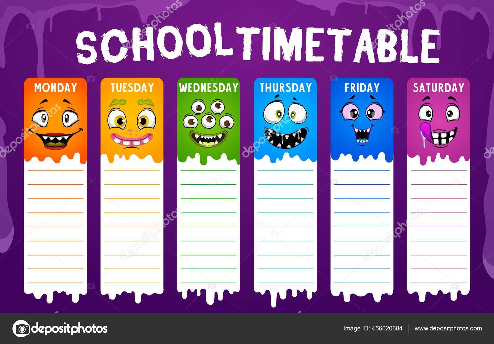 Education school timetable student schedule cartoon vector monster