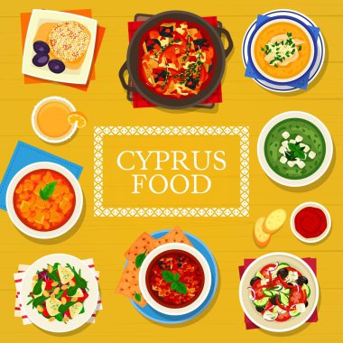 Kıbrıs mutfağı vektör pilavı, limonlu tavuk çorbası avgolemono ve fırında patlıcan salatası. Terbiye edilmiş sebze, salatalık kremalı çorba feta ve keçi peynirli greyfurt salatası, Kıbrıs yemek posteri.