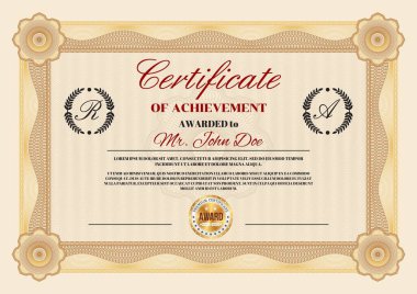 Başarı sertifikası ve ödüllü altın mühür ile takdir belgesi vektör şablonu. Mezuniyet diploması ya da çerçeve sınırı ve Guilloche deseninin arka planına sahip birincilik ödülü