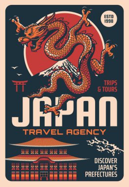 Japonya seyahat acentası retro poster Japon tarihi ejderha, geleneksel antik bina mimarisi, Fuji dağ manzarası. Ve sakura dalı. Asya gezisi, turizm turizmi, klasik kart